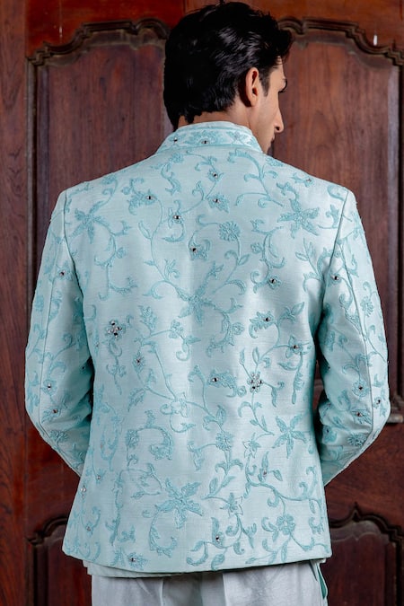 Nafs Sky Blue Tussar Silk Bandhgala Set 