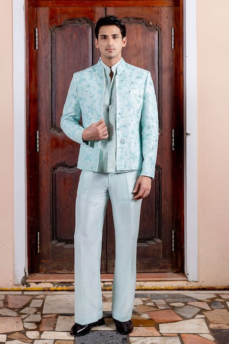 Shop_Nafs_Sky Blue Tussar, Silk, Chanderi Embroidery, Mirrors, Zari Bandhgala Set _Online_at_Aza_Fashions