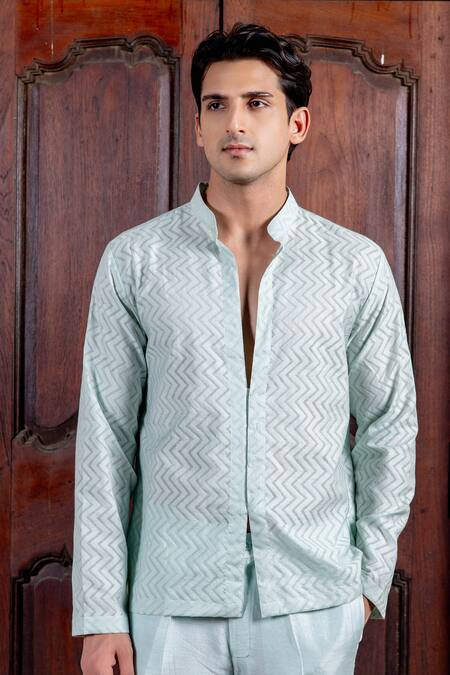 Nafs_Sky Blue Tussar, Silk, Chanderi Embroidery, Mirrors, Zari Bandhgala Set _at_Aza_Fashions