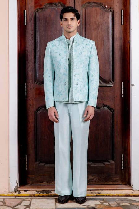 Buy_Nafs_Sky Blue Tussar, Silk, Chanderi Embroidery, Mirrors, Zari Bandhgala Set 