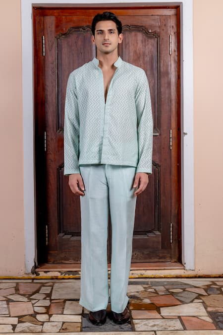 Shop_Nafs_Sky Blue Tussar, Silk, Chanderi Embroidery, Mirrors, Zari Bandhgala Set 