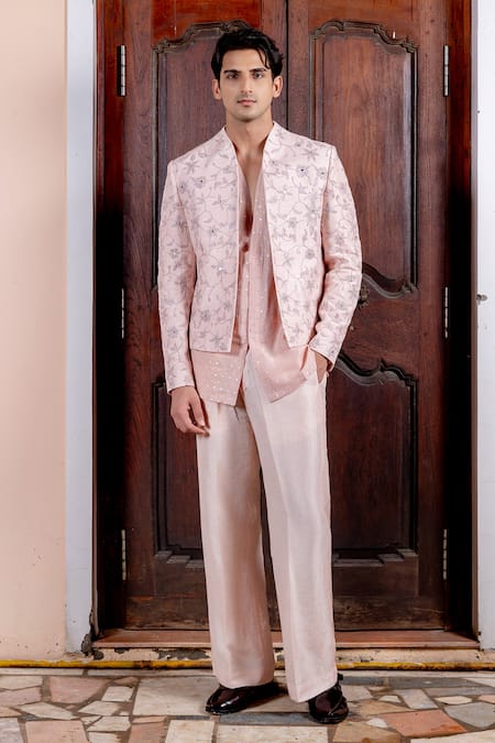 Nafs Peach Tussar, Silk, Chanderi Mirrors, Embroidery Bandhgala Set 