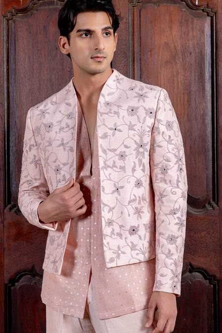 Shop Nafs Peach Tussar, Silk, Chanderi Mirrors, Embroidery Bandhgala Set Online at Aza Fashions Shop_Nafs_Peach Tussar, Silk, Chanderi Mirrors, Embroidery Bandhgala Set _Online_at_Aza_Fashions