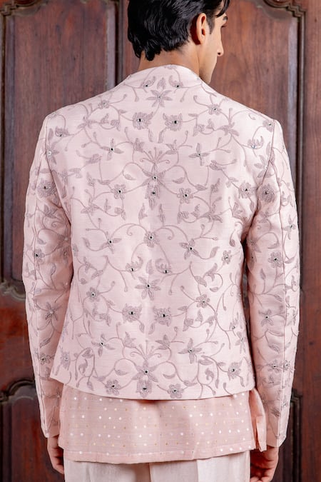 Nafs Peach Tussar Silk Bandhgala Set 