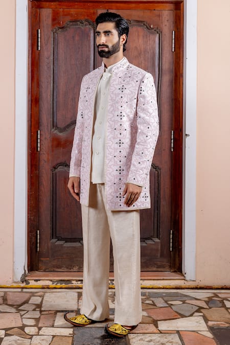 Nafs Peach Tussar, Silk, Chanderi Mirrors, Embroidery Bandhgala Set at Aza Fashions Nafs_Peach Tussar, Silk, Chanderi Mirrors, Embroidery Bandhgala Set _at_Aza_Fashions