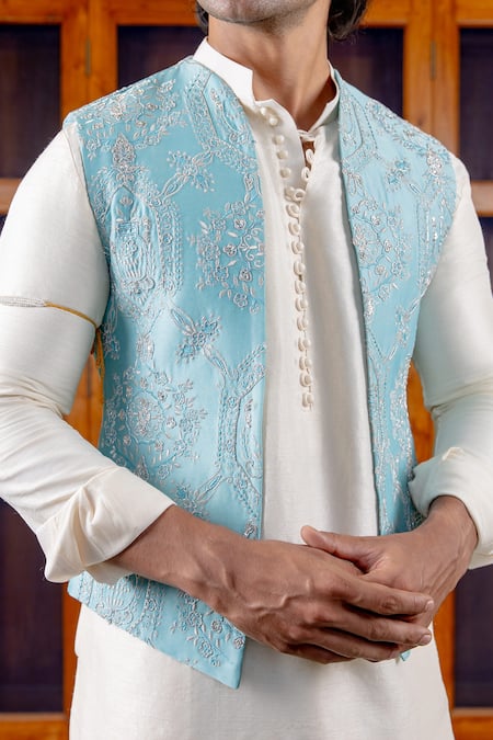 Buy_Nafs_Blue Tussar, Silk Embroidery Ferozi Kurta Set _Online_at_Aza_Fashions