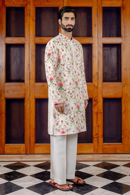 Buy_Nafs_Cream Tussar, Silk Embroidery, Mirrors Floral Jaal Kurta And Pant Set _Online_at_Aza_Fashions