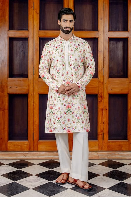 Nafs Cream Tussar, Silk Embroidery, Mirrors Floral Jaal Kurta And Pant Set 
