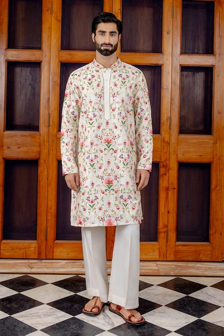 Shop_Nafs_Cream Tussar, Silk Embroidery, Mirrors Floral Jaal Kurta And Pant Set _Online_at_Aza_Fashions