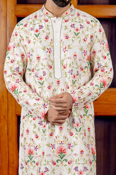 Nafs_Cream Tussar, Silk Embroidery, Mirrors Floral Jaal Kurta And Pant Set _at_Aza_Fashions