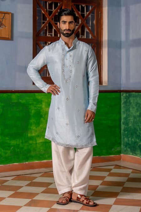 Nafs Sky Blue Tussar Mirrors Silk Kurta And Pant Set 