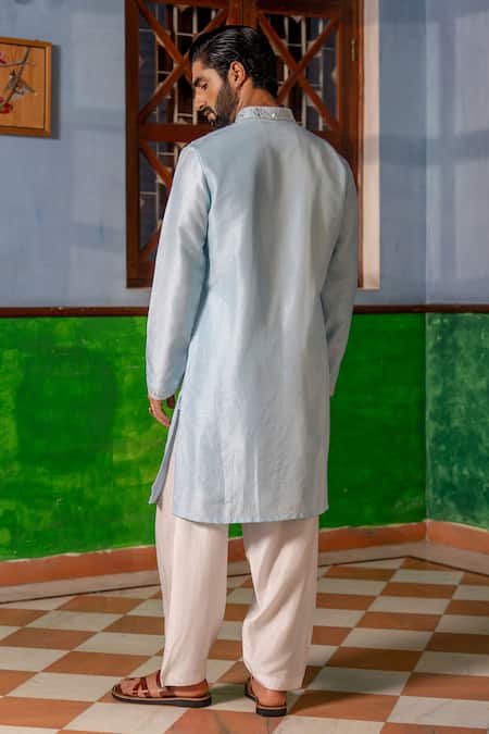 Nafs Sky Blue Tussar Silk Kurta & Pant Set 