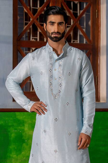 Nafs_Sky Blue Tussar Mirrors Silk Kurta And Pant Set _Online_at_Aza_Fashions