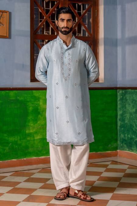 Buy_Nafs_Sky Blue Tussar Mirrors Silk Kurta And Pant Set _Online_at_Aza_Fashions