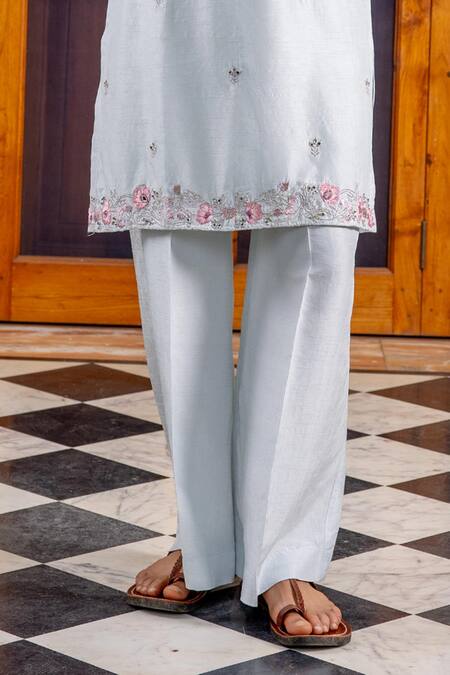 Nafs_Sky Blue Tussar, Silk Embroidery Kurta Pant Set _Online_at_Aza_Fashions
