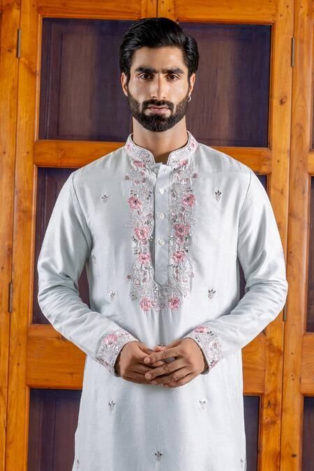 Buy_Nafs_Sky Blue Tussar, Silk Embroidery Kurta Pant Set _Online_at_Aza_Fashions