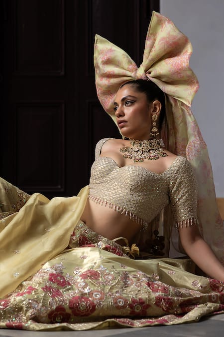 Shop_Aangan By Parul_Yellow Tissue Sequins, Embroidery Sweetheart Neck Radiant Majesty Lehenga Set _Online_at_Aza_Fashions