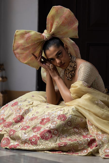 Aangan By Parul_Yellow Tissue Sequins, Embroidery Sweetheart Neck Radiant Majesty Lehenga Set _at_Aza_Fashions