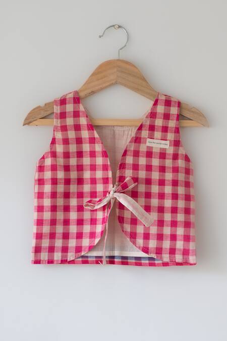 Shop_Love The World Today_Pink , Silk, Handloom Candy Cloud Checkered Top And Baggy Pant Set_Online_at_Aza_Fashions