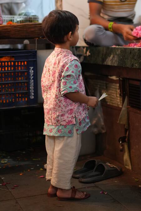 Shop Love The World Today Pink Cotton Embroidery Gul Floral Kurta Bundi And Pant Set at Aza Fashions Shop_Love The World Today_Pink Cotton Embroidery Gul Floral Kurta Bundi And Pant Set_at_Aza_Fashions