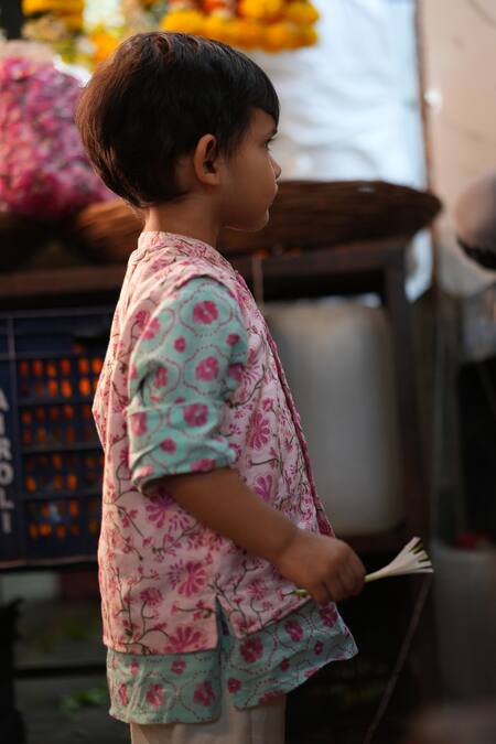 Buy_Love The World Today_Pink Cotton Embroidery Gul Floral Kurta Bundi And Dhoti Pant Set_Online_at_Aza_Fashions