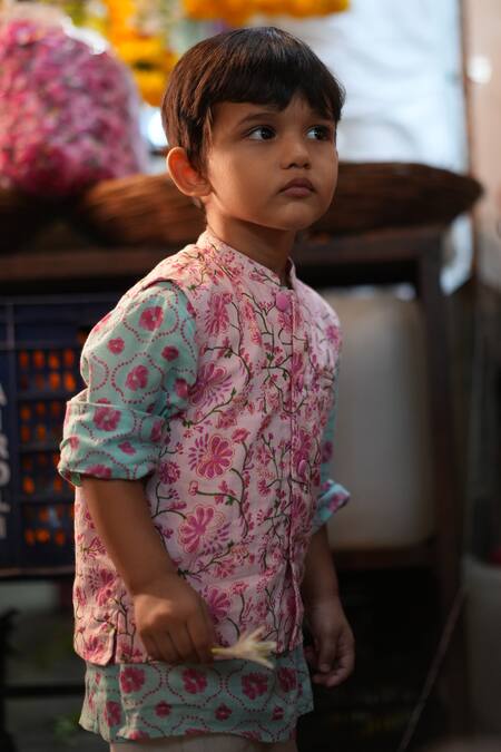 Shop_Love The World Today_Pink Cotton Embroidery Gul Floral Kurta Bundi And Dhoti Pant Set_Online_at_Aza_Fashions