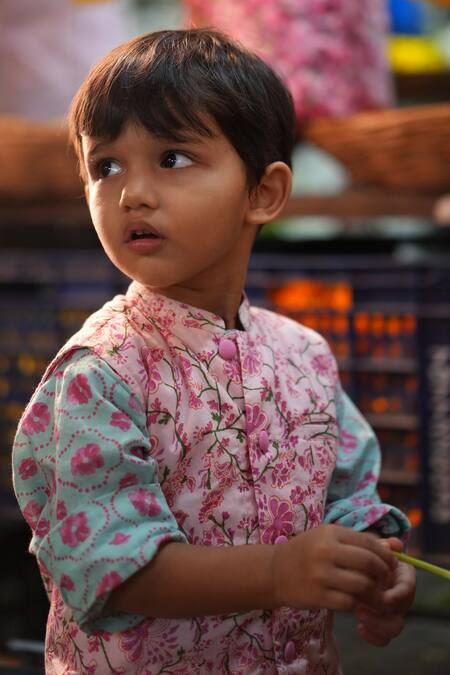 Love The World Today_Pink Cotton Embroidery Gul Floral Kurta Bundi And Dhoti Pant Set_at_Aza_Fashions