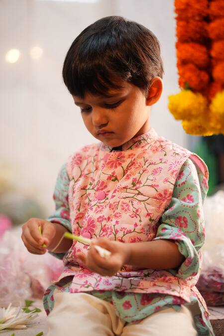 Shop_Love The World Today_Pink Cotton Embroidery Gul Floral Kurta Bundi And Dhoti Pant Set