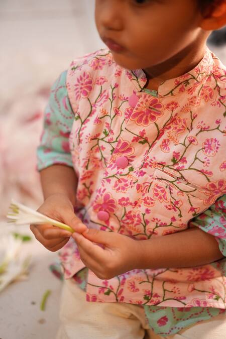 Love The World Today_Pink Cotton Gul Floral Print Kurta And Bundi Set_Online_at_Aza_Fashions
