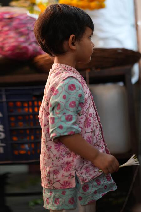 Shop_Love The World Today_Pink Cotton Gul Floral Print Kurta And Bundi Set_Online_at_Aza_Fashions