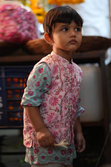 Love The World Today_Pink Cotton Gul Floral Print Kurta And Bundi Set_at_Aza_Fashions