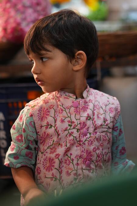 Buy_Love The World Today_Pink Cotton Gul Floral Print Kurta And Bundi Set