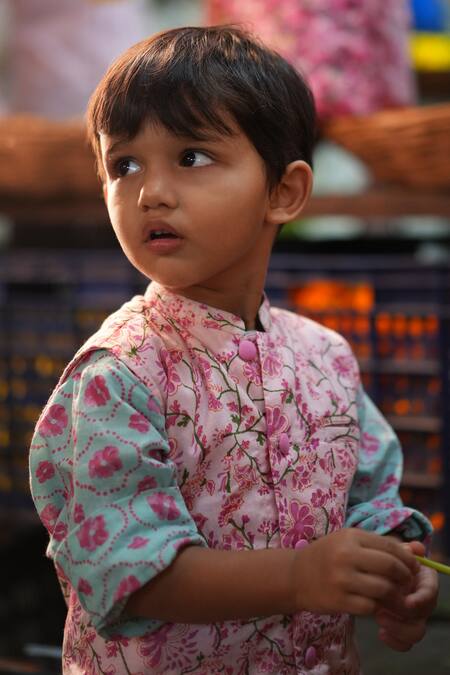 Shop_Love The World Today_Pink Cotton Gul Floral Print Kurta And Bundi Set