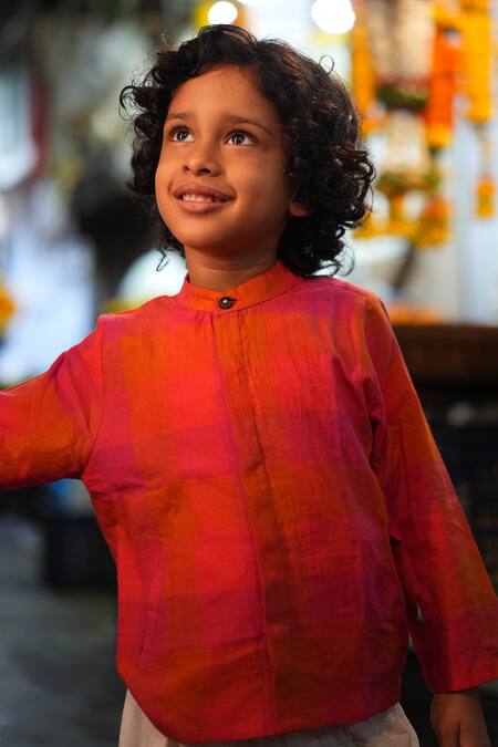 Shop_Love The World Today_Red , Handloom Gulmohar Handwoven Kurta And Dhoti Pant Set_Online_at_Aza_Fashions