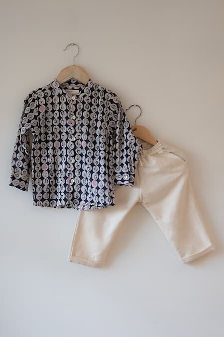 Love The World Today Navy Cotton Lata Monstera Print Shirt And Baggy Pant Set 