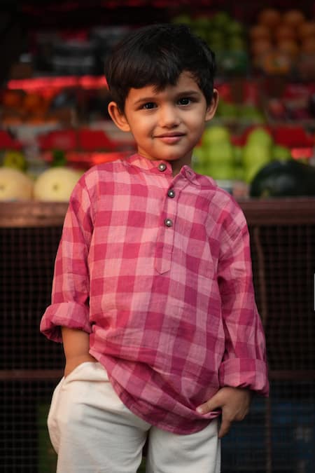 Shop_Love The World Today_Pink Cotton Mithaas Checkered Kurta And Off White Pant Set_Online_at_Aza_Fashions