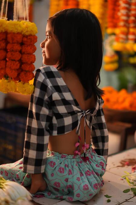 Buy Love The World Today Black Cotton Noor White Checked Blouse And Floral Lehenga Online at Aza Fashions Buy_Love The World Today_Black Cotton Noor White Checked Blouse And Floral Lehenga _Online_at_Aza_Fashions