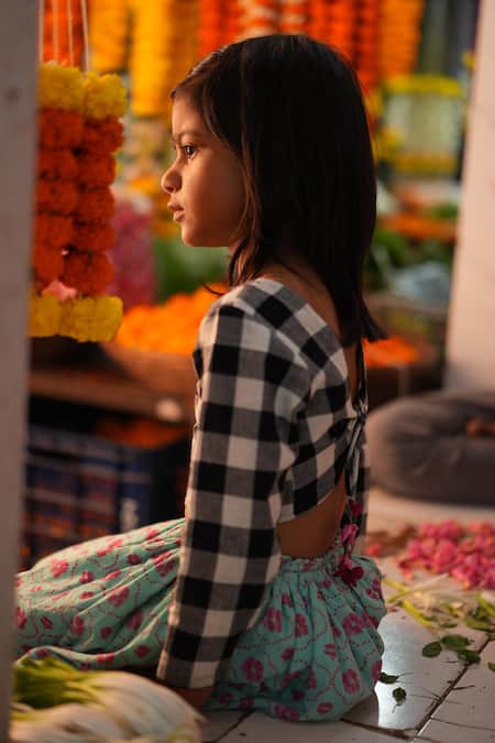 Shop Love The World Today Black Cotton Noor White Checked Blouse And Floral Lehenga Online at Aza Fashions Shop_Love The World Today_Black Cotton Noor White Checked Blouse And Floral Lehenga _Online_at_Aza_Fashions