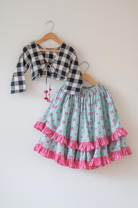 Love The World Today Noor Black White Checked Blouse & Floral Lehenga 