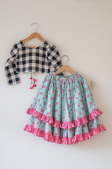 Love The World Today Black Cotton Noor White Checked Blouse And Floral Lehenga