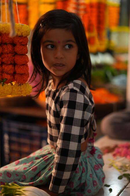 Buy Love The World Today Black Cotton Noor White Checked Blouse And Floral Lehenga Buy_Love The World Today_Black Cotton Noor White Checked Blouse And Floral Lehenga