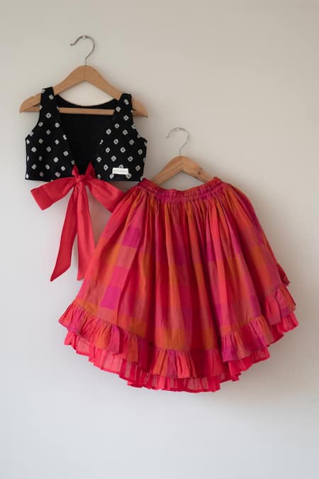Love The World Today Laddoo Black Bandhani Top & Checkered Lehenga Set 