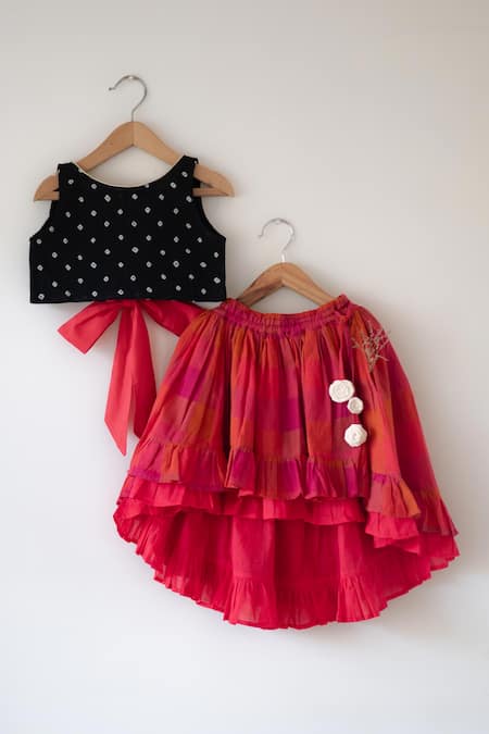 Love The World Today_Black Cotton Laddoo Bandhani Top And Checkered Lehenga Set _Online_at_Aza_Fashions