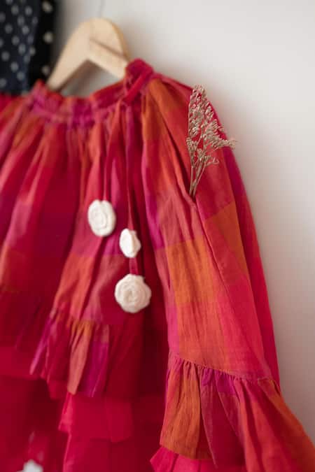 Shop_Love The World Today_Black Cotton Laddoo Bandhani Top And Checkered Lehenga Set _Online_at_Aza_Fashions