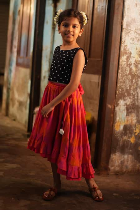 Love The World Today_Black Cotton Laddoo Bandhani Top And Checkered Lehenga Set _at_Aza_Fashions