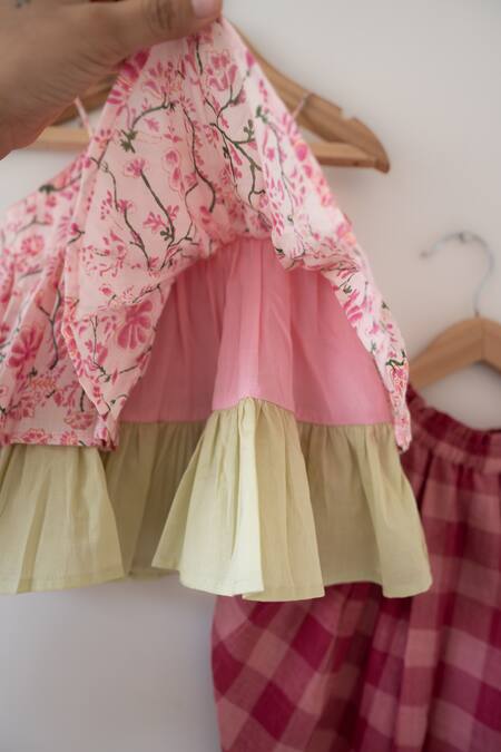 Love The World Today_Pink Cotton Embroidery Leela Floral Flared Kurta And Checkered Dhoti Set_Online_at_Aza_Fashions