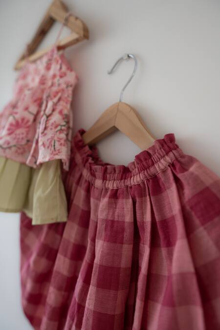 Buy_Love The World Today_Pink Cotton Embroidery Leela Floral Flared Kurta And Checkered Dhoti Set_Online_at_Aza_Fashions