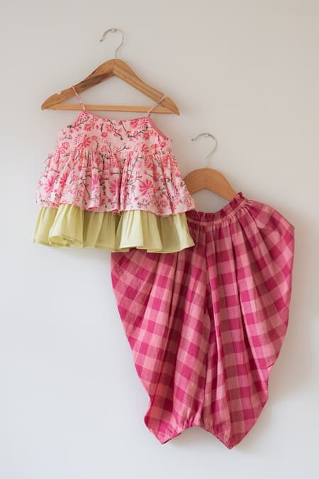 Love The World Today Pink Cotton Embroidery Leela Floral Flared Kurta And Checkered Dhoti Set 