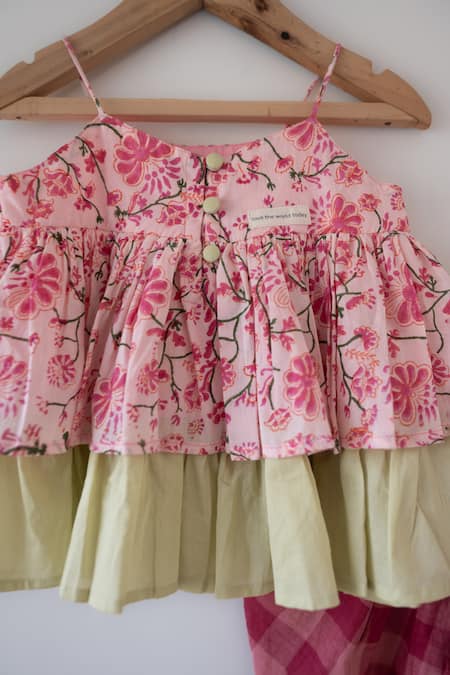 Love The World Today_Pink Cotton Embroidery Leela Floral Flared Kurta And Checkered Dhoti Set_at_Aza_Fashions