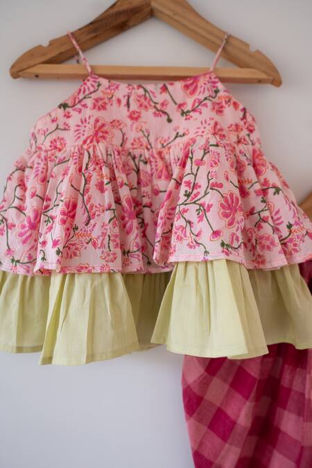 Buy_Love The World Today_Pink Cotton Embroidery Leela Floral Flared Kurta And Checkered Dhoti Set